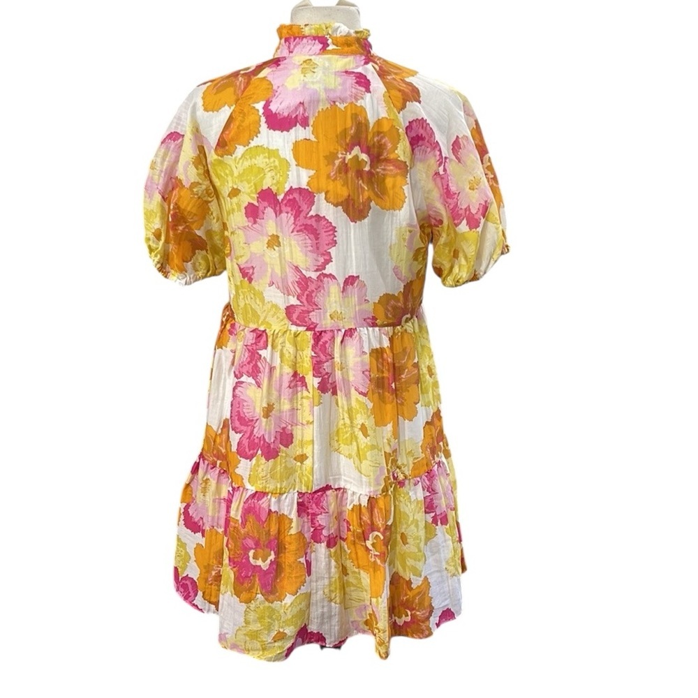 CeCe Tiered Split Ruffle Collar V Neck Baby Doll Floral Dress SZ M Pink Yellow - Picture 7 of 9